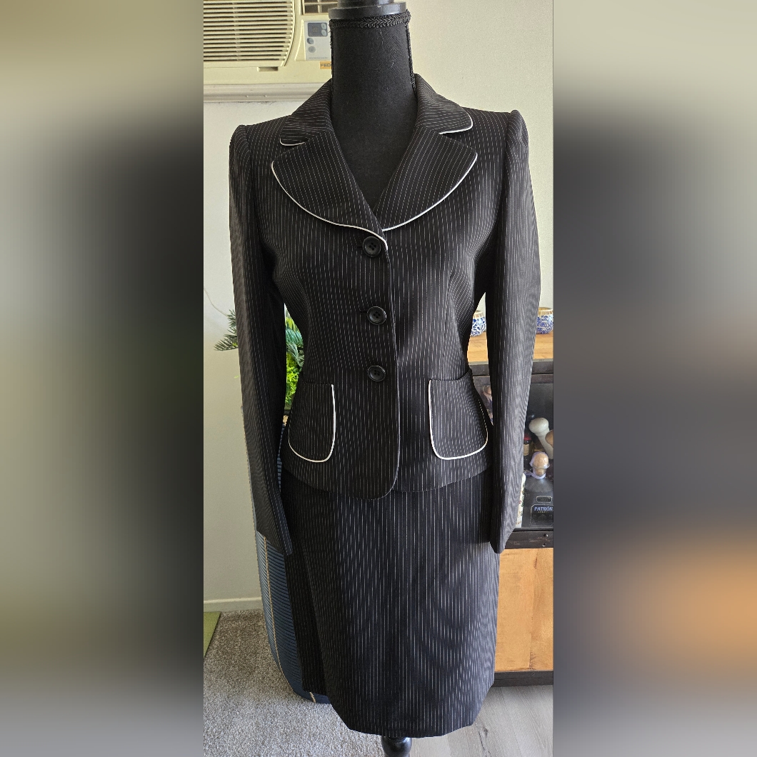 Tahari Black Pinstripe Blazer With Notched Lapel